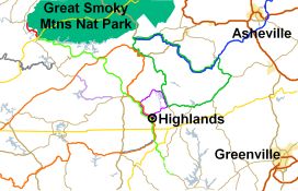 Map of motorcycle rides around Highlands, NC